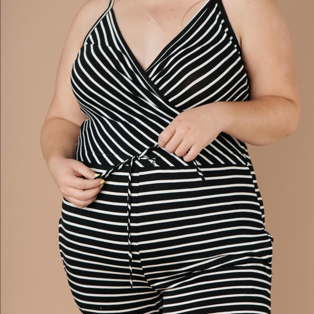 Black & White Striped Surplice Jumpsuit - Picture 3 of 9